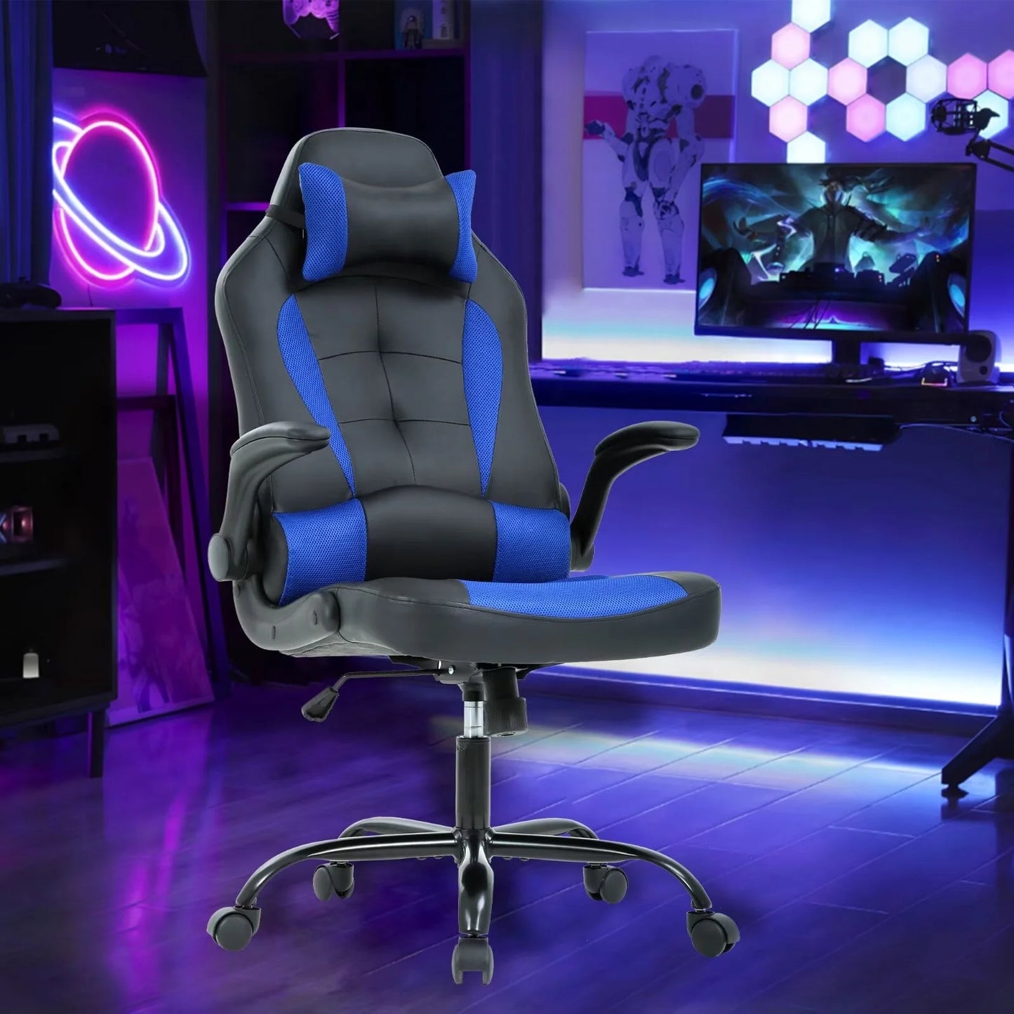 PC Gaming Chair with Lumbar Support, Ergonomic Computer Chair with Flip-Up Armrests, Swivel Video Game Chair for Adults/Teens, Blue