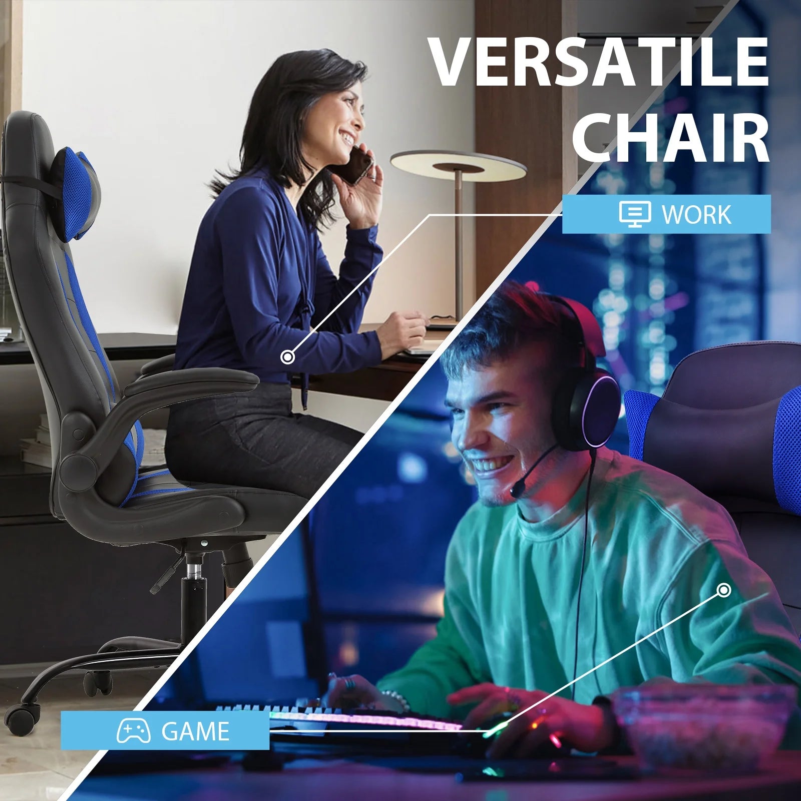 PC Gaming Chair with Lumbar Support, Ergonomic Computer Chair with Flip-Up Armrests, Swivel Video Game Chair for Adults/Teens, Blue