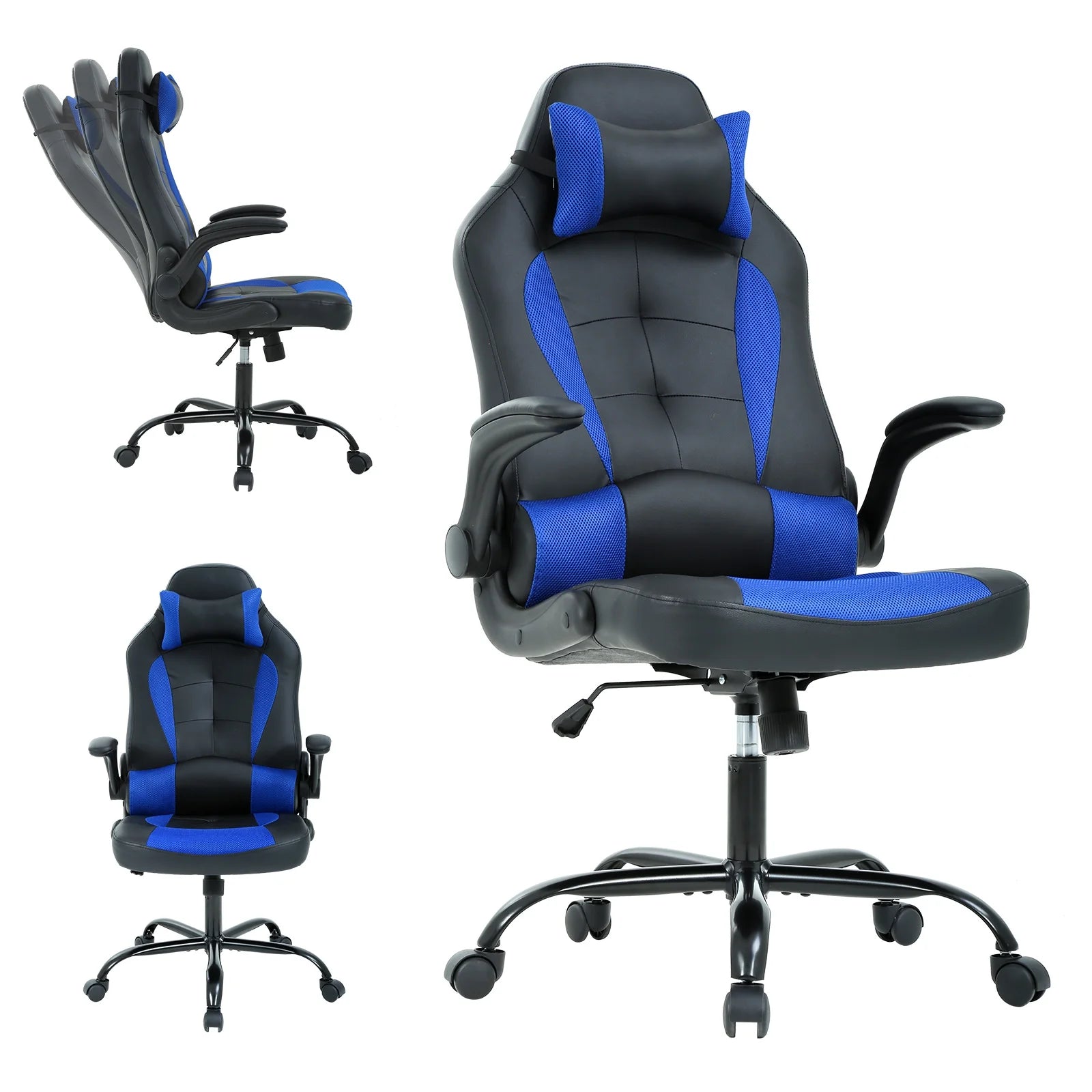 PC Gaming Chair with Lumbar Support, Ergonomic Computer Chair with Flip-Up Armrests, Swivel Video Game Chair for Adults/Teens, Blue