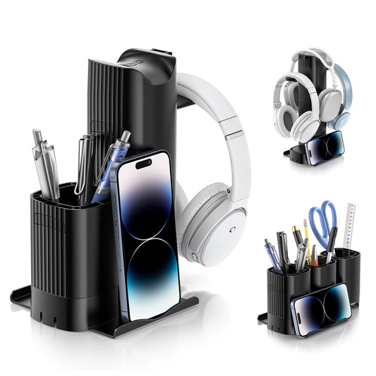 4 in 1 Headphone Stand with Pen Holder Headset Holder with Cell Phone Stand Desktop Storage Organizer for Gaming Accessories