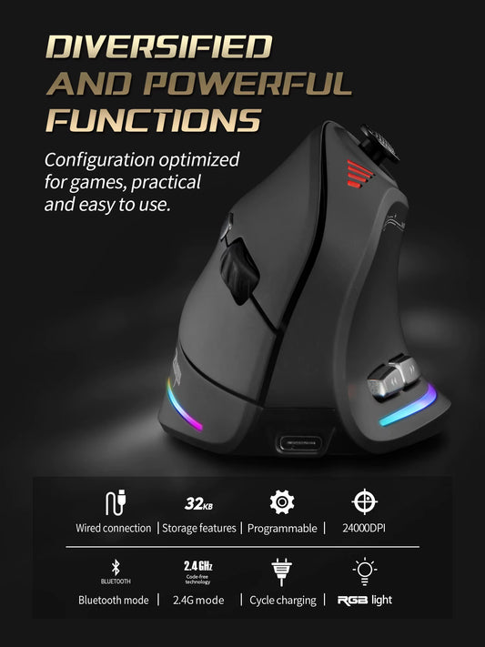 Wired Wireless Vertical Mouse with Jostik Gaming Mouse Rgb Backlit Programmable Button 24000DPI Ergonomic Mice for Mac Windows