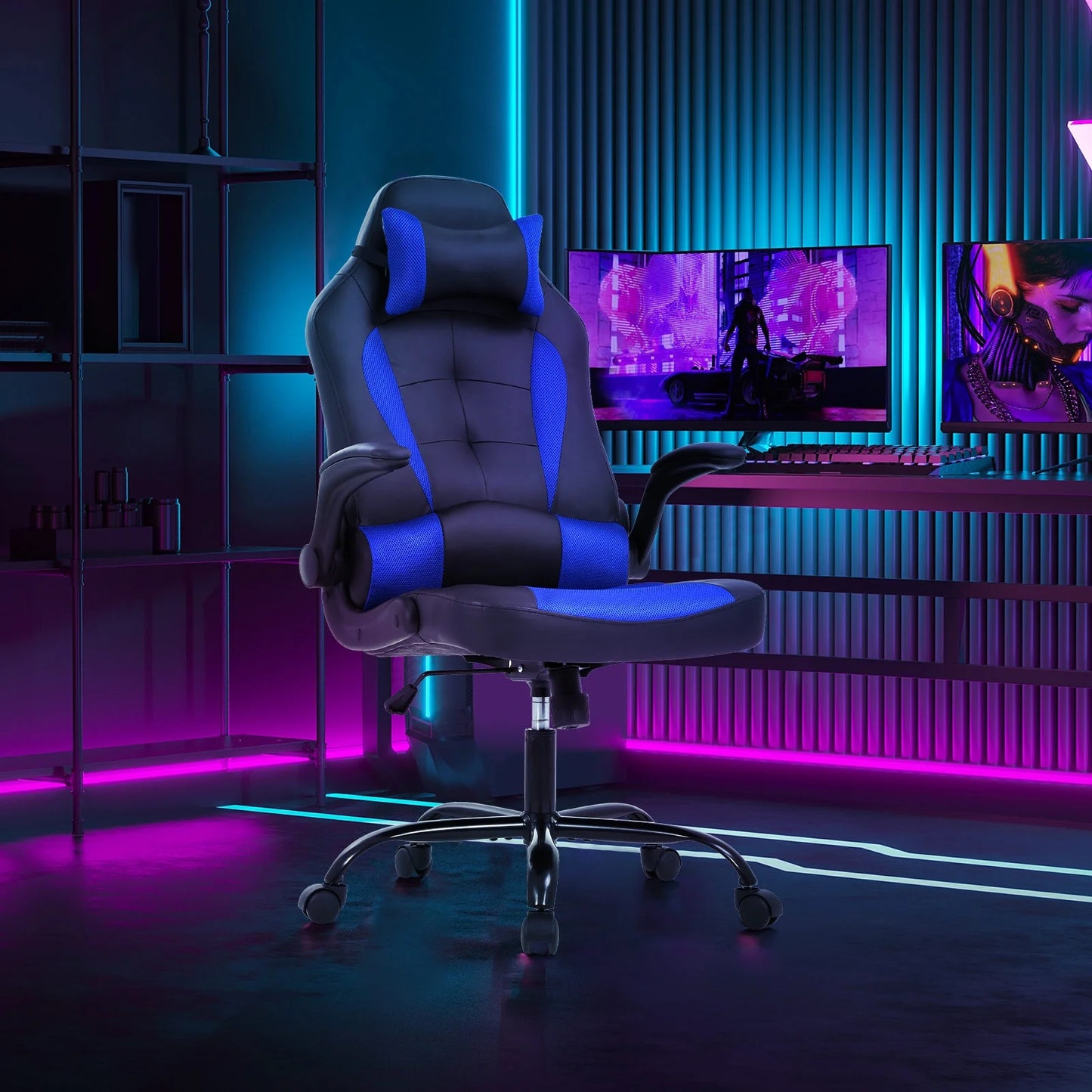 PC Gaming Chair with Lumbar Support, Ergonomic Computer Chair with Flip-Up Armrests, Swivel Video Game Chair for Adults/Teens, Blue