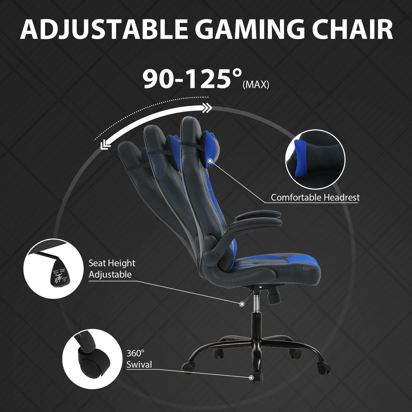PC Gaming Chair with Lumbar Support, Ergonomic Computer Chair with Flip-Up Armrests, Swivel Video Game Chair for Adults/Teens, Blue