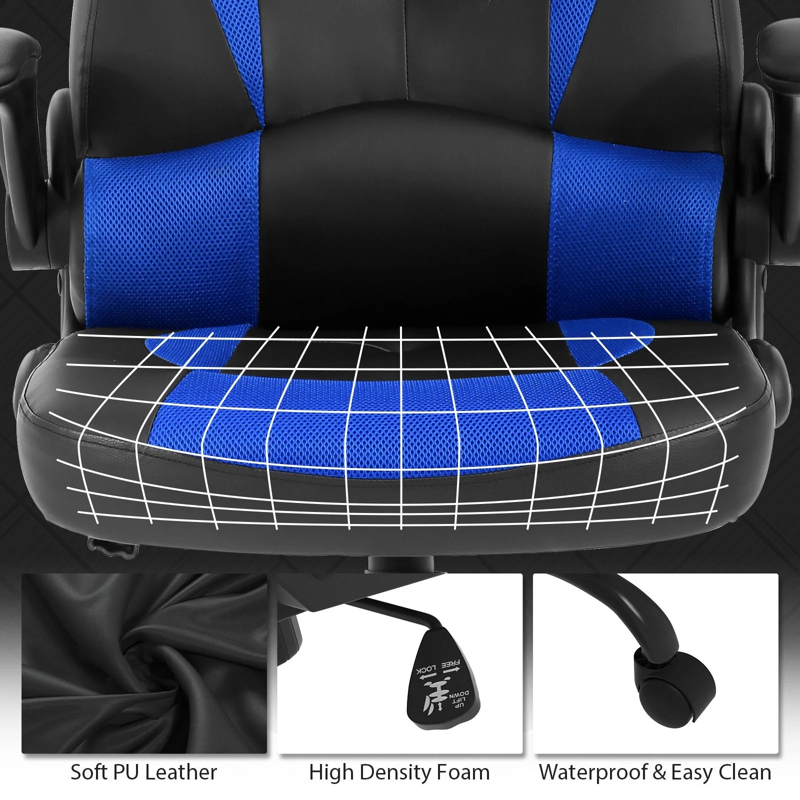 PC Gaming Chair with Lumbar Support, Ergonomic Computer Chair with Flip-Up Armrests, Swivel Video Game Chair for Adults/Teens, Blue
