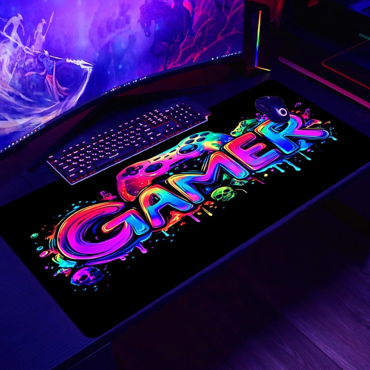 Gamer Gaming Mouse Pad, Blacklight Game Controller Horror Skull Waterproof Large Mouse Mat, 31.5" X 11.8" Skeleton Glowing Extended Non-Slip Rubber Base, Office & Home Keyboard Pad