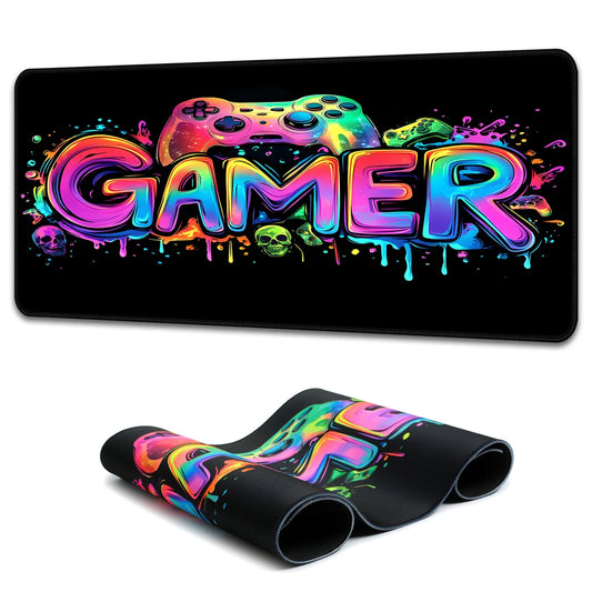 Gamer Gaming Mouse Pad, Blacklight Game Controller Horror Skull Waterproof Large Mouse Mat, 31.5" X 11.8" Skeleton Glowing Extended Non-Slip Rubber Base, Office & Home Keyboard Pad