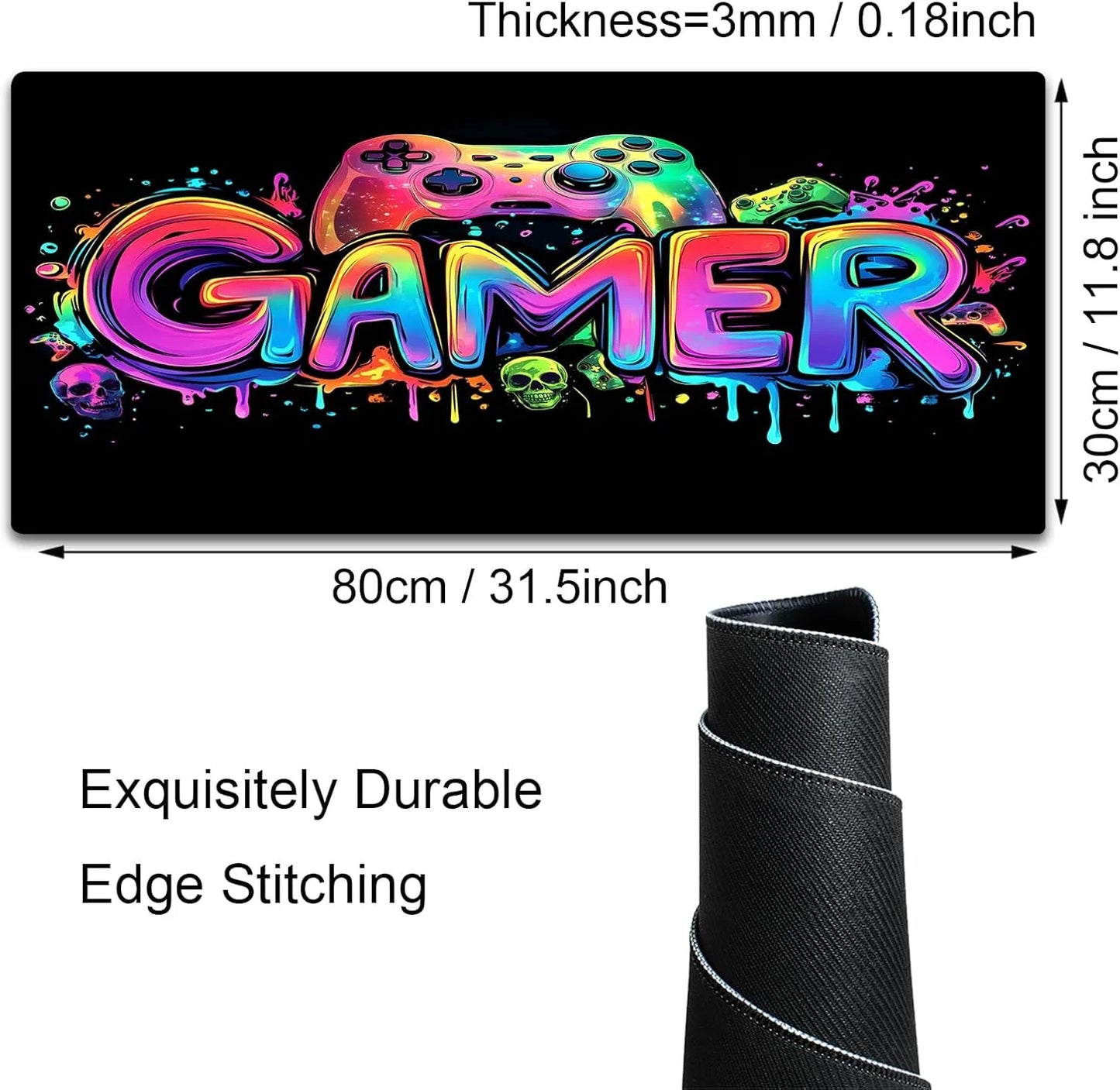 Gamer Gaming Mouse Pad, Blacklight Game Controller Horror Skull Waterproof Large Mouse Mat, 31.5" X 11.8" Skeleton Glowing Extended Non-Slip Rubber Base, Office & Home Keyboard Pad