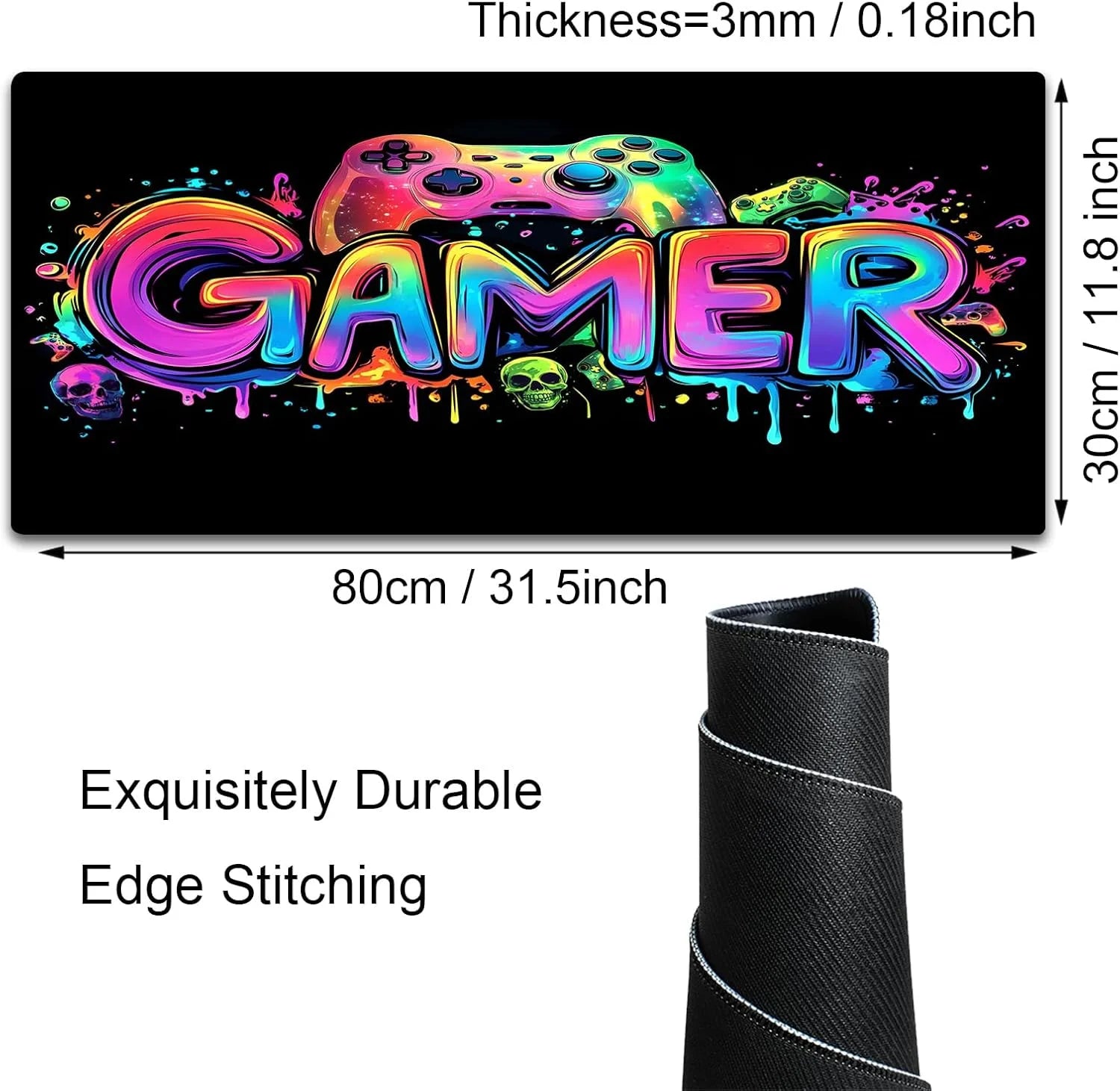 Gamer Gaming Mouse Pad, Blacklight Game Controller Horror Skull Waterproof Large Mouse Mat, 31.5" X 11.8" Skeleton Glowing Extended Non-Slip Rubber Base, Office & Home Keyboard Pad