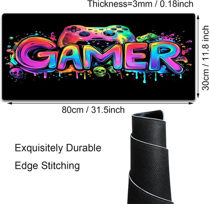 Gamer Gaming Mouse Pad, Blacklight Game Controller Horror Skull Waterproof Large Mouse Mat, 31.5" X 11.8" Skeleton Glowing Extended Non-Slip Rubber Base, Office & Home Keyboard Pad