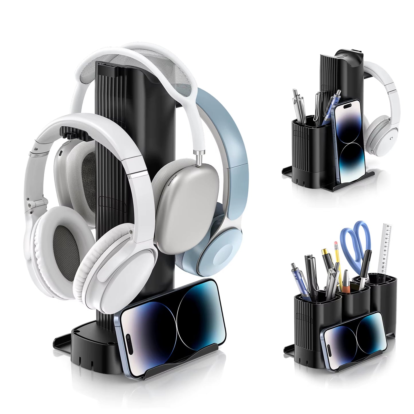 4 in 1 Headphone Stand with Pen Holder Headset Holder with Cell Phone Stand Desktop Storage Organizer for Gaming Accessories