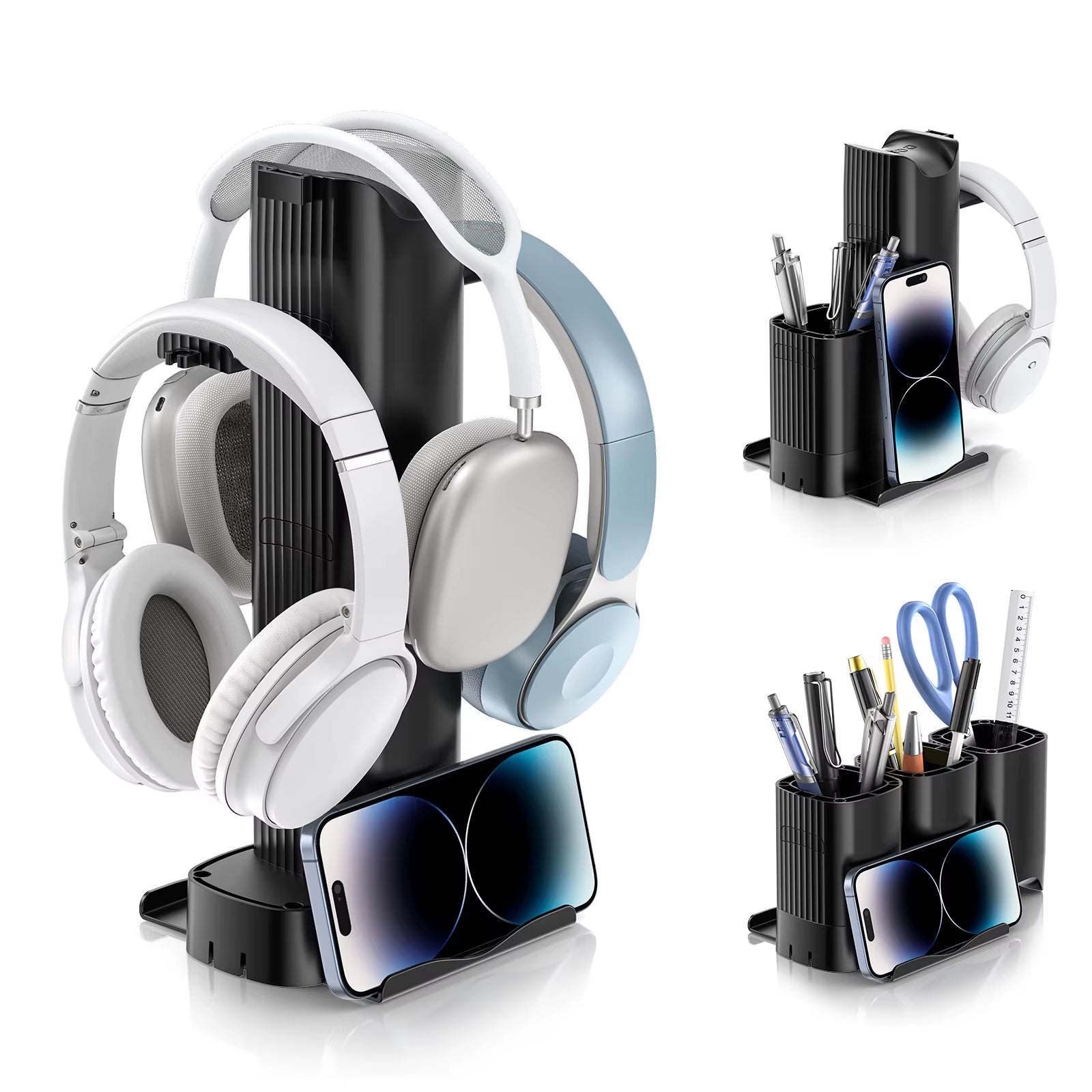 4 in 1 Headphone Stand with Pen Holder Headset Holder with Cell Phone Stand Desktop Storage Organizer for Gaming Accessories