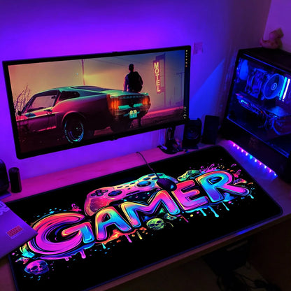 Gamer Gaming Mouse Pad, Blacklight Game Controller Horror Skull Waterproof Large Mouse Mat, 31.5" X 11.8" Skeleton Glowing Extended Non-Slip Rubber Base, Office & Home Keyboard Pad