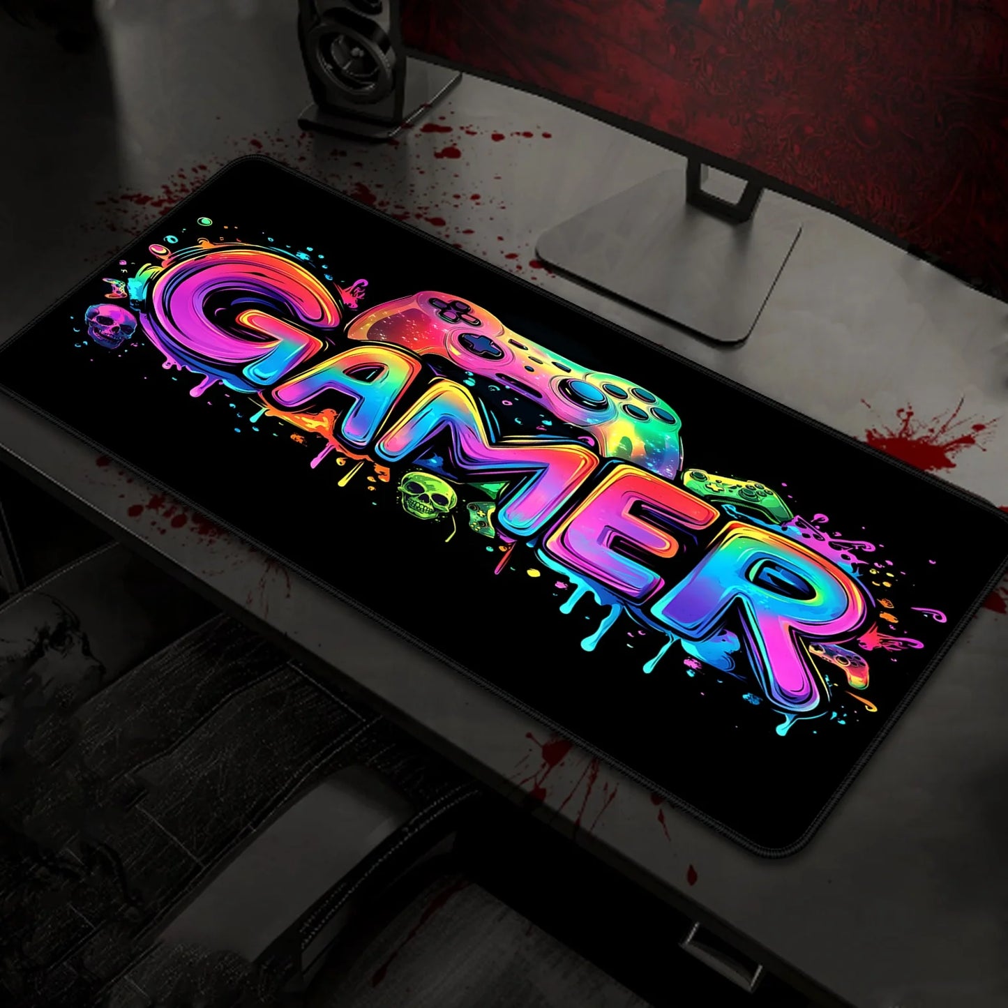 Gamer Gaming Mouse Pad, Blacklight Game Controller Horror Skull Waterproof Large Mouse Mat, 31.5" X 11.8" Skeleton Glowing Extended Non-Slip Rubber Base, Office & Home Keyboard Pad